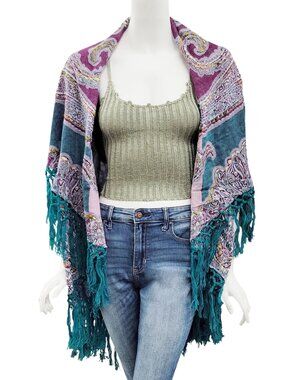 Hand Embroidered Poncho Coverup Teal Burgundy Paisley Fringe One Size